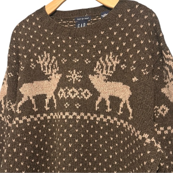 Gap Vintage Men’s Size XXL Brown Tan Moose Reindeer Hand Knit Lambswool Sweater